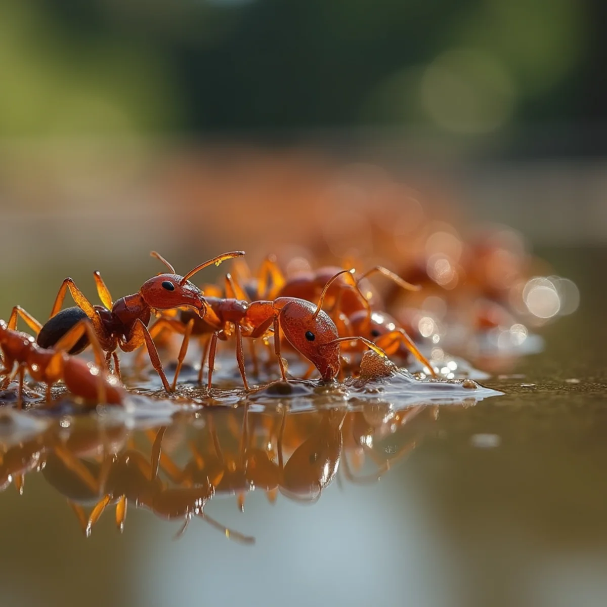 Living colony raft of red imported fire ants floating on brown floodwater surface