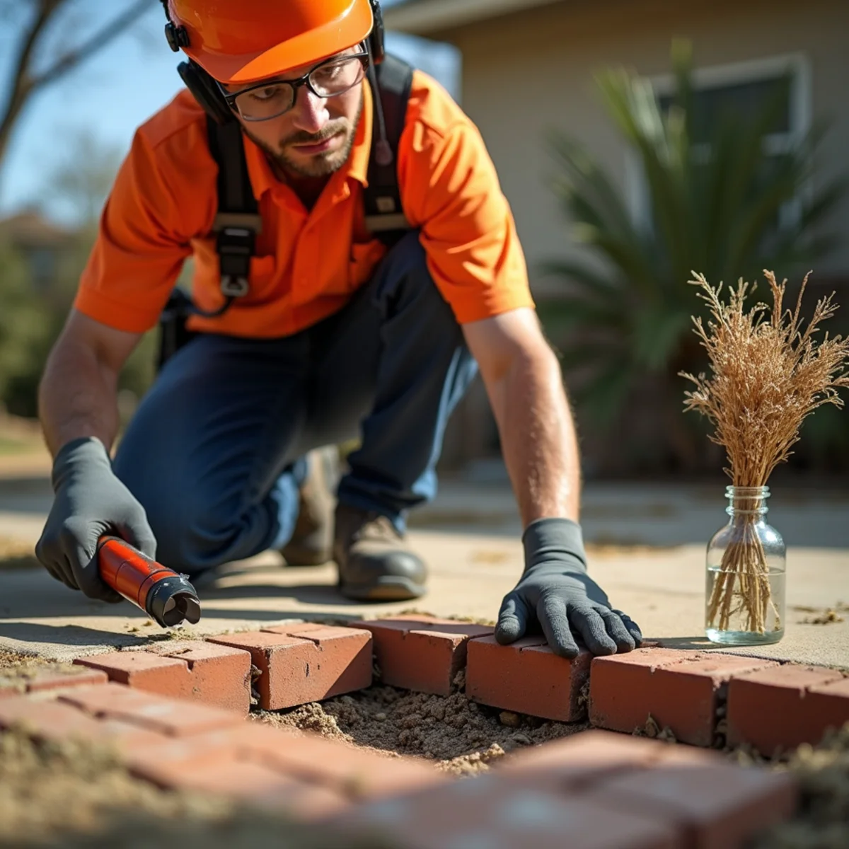 Flashlight inspecting brick weep holes and slab edge for termite mud tubes