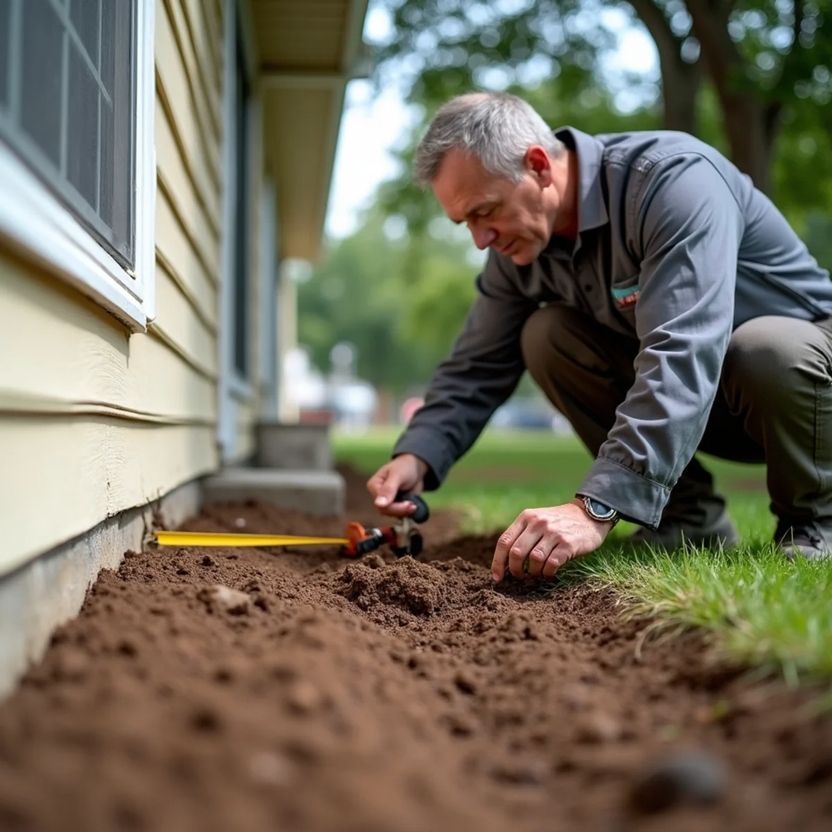 Inspector pointing out high soil grade covering brick foundation weep holes as a conducive condition
