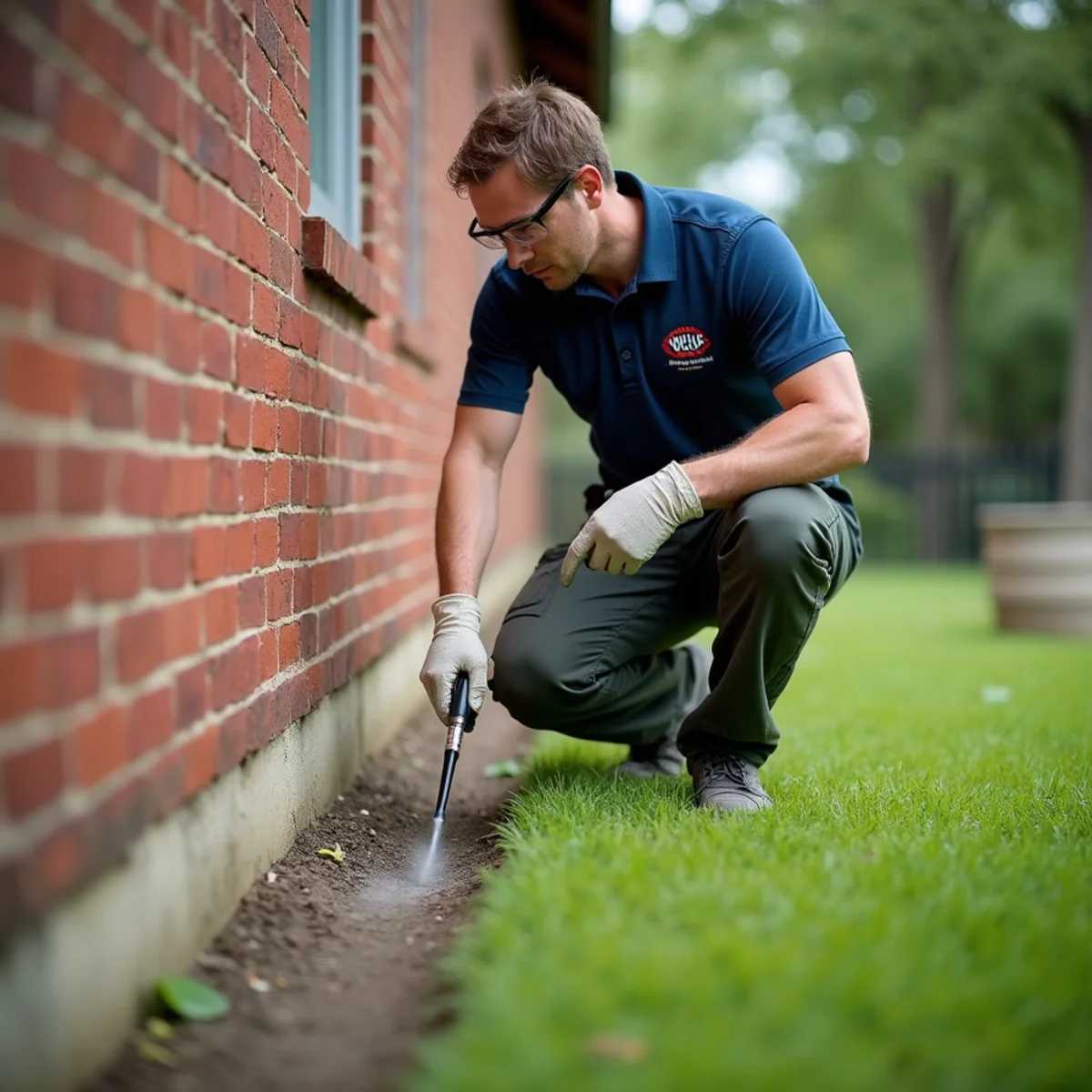Professional pest control technician establishing multi-tier exterior perimeter defense around a residential home