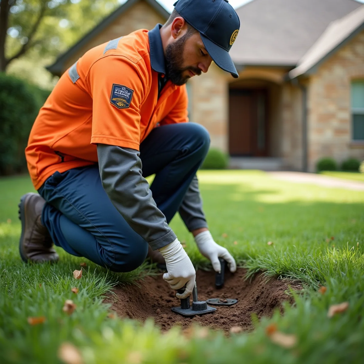 Technician inspecting Sentricon in-ground termite bait station in residential lawn
